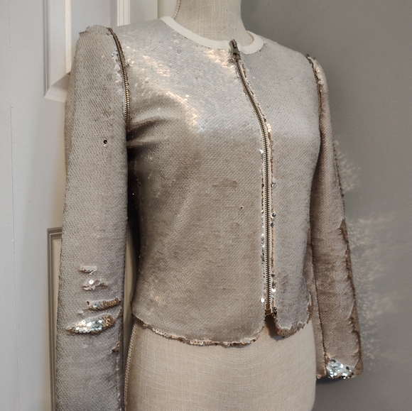 😍EUC TED BAKER LONDON Blubele Sequined Cropped Cocktail Jacket, White/Gold, 0 - Picture 2 of 15
